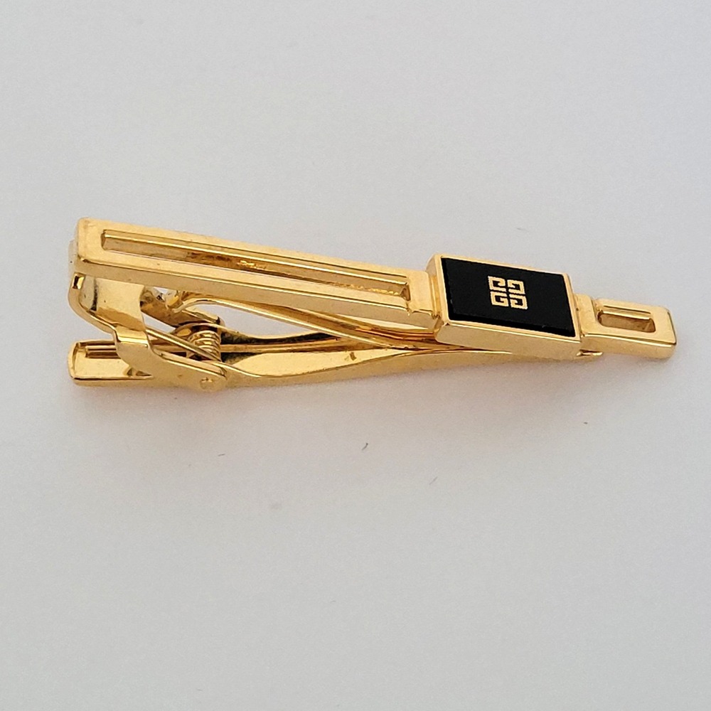 Givenchy Vintage Gold Tone Black Onyx 4G Logo Tie Clip Designer Accessory